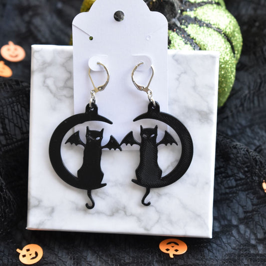 Spooky Halloween Cat and Moon Earrings